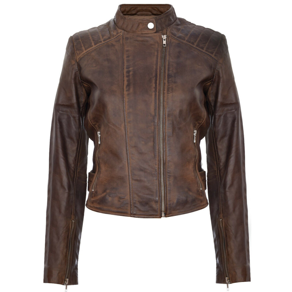 (4XL) Ladies Brown Leathr Fitted Biker Style Zip  Jacket