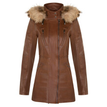 (S) Womens Tan Leather Detachable Hooded Trench Coat