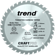 Trend CSB/19036TW Craft Pro Thin Kerf TCT Circular Saw Blade for Wormdrive, Tungsten Carbide Tipped, 190mm x 24 Teeth x 0 Bore