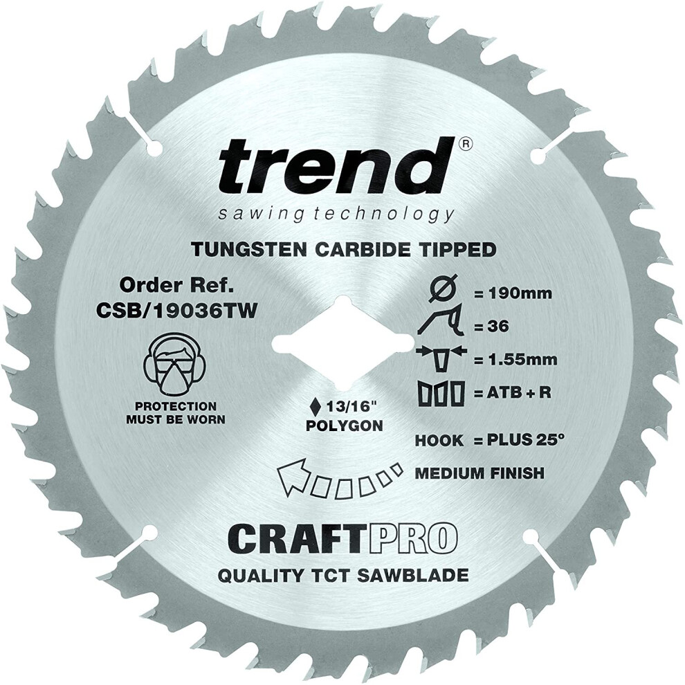 Trend CSB/19036TW Craft Pro Thin Kerf TCT Circular Saw Blade for Wormdrive, Tungsten Carbide Tipped, 190mm x 24 Teeth x 0 Bore