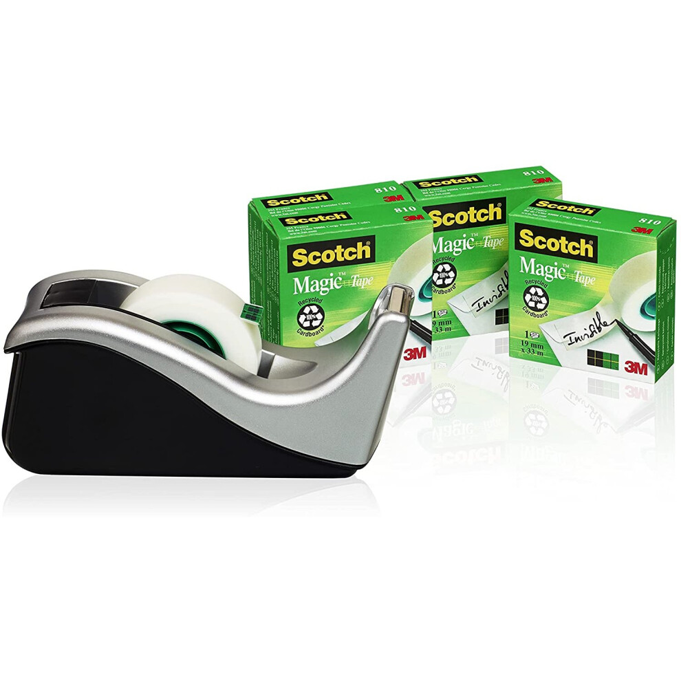 Scotch Tape Dispenser In With 4 Rolls Of Magic Tape 19Mm X 33M Silver