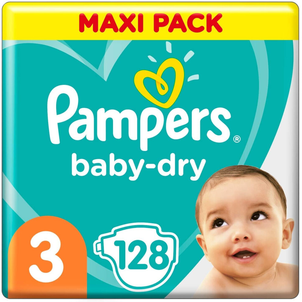 Pampers Baby-Dry Size 3 128 Nappies up to 12 Hours All-Round Protection, 6-10kg, 2,611 kg