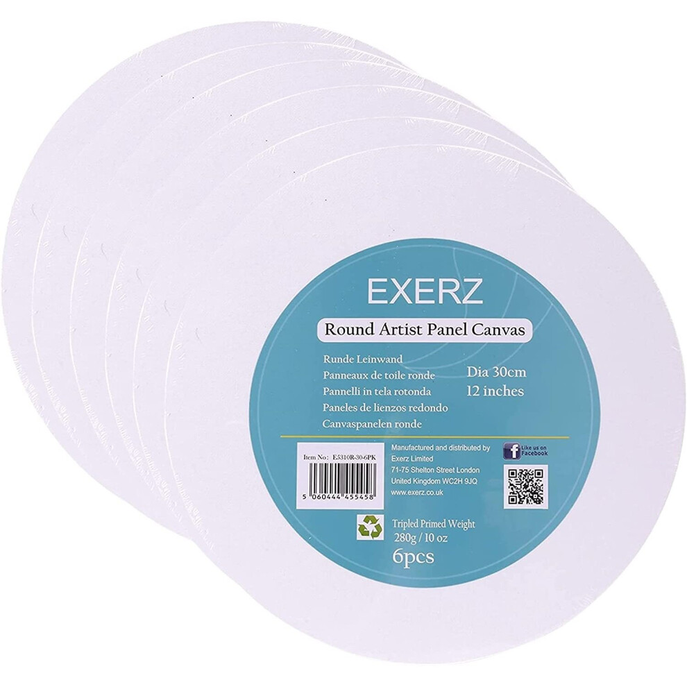 Exerz 30cm Round Canvas Panels 6pcs/ 3mm 280gsm 100% Cotton/Diameter 30cm Blank Artist Canvas Board/Triple Primed/Acid Free/Medium Grain - Oil &