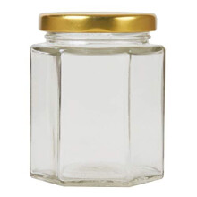 196ml/8oz Pack of 72 Hexagonal Jam Jars with Lids, Glass Storage Honey Jars Pickles Chutneys with Screw Gold Lid