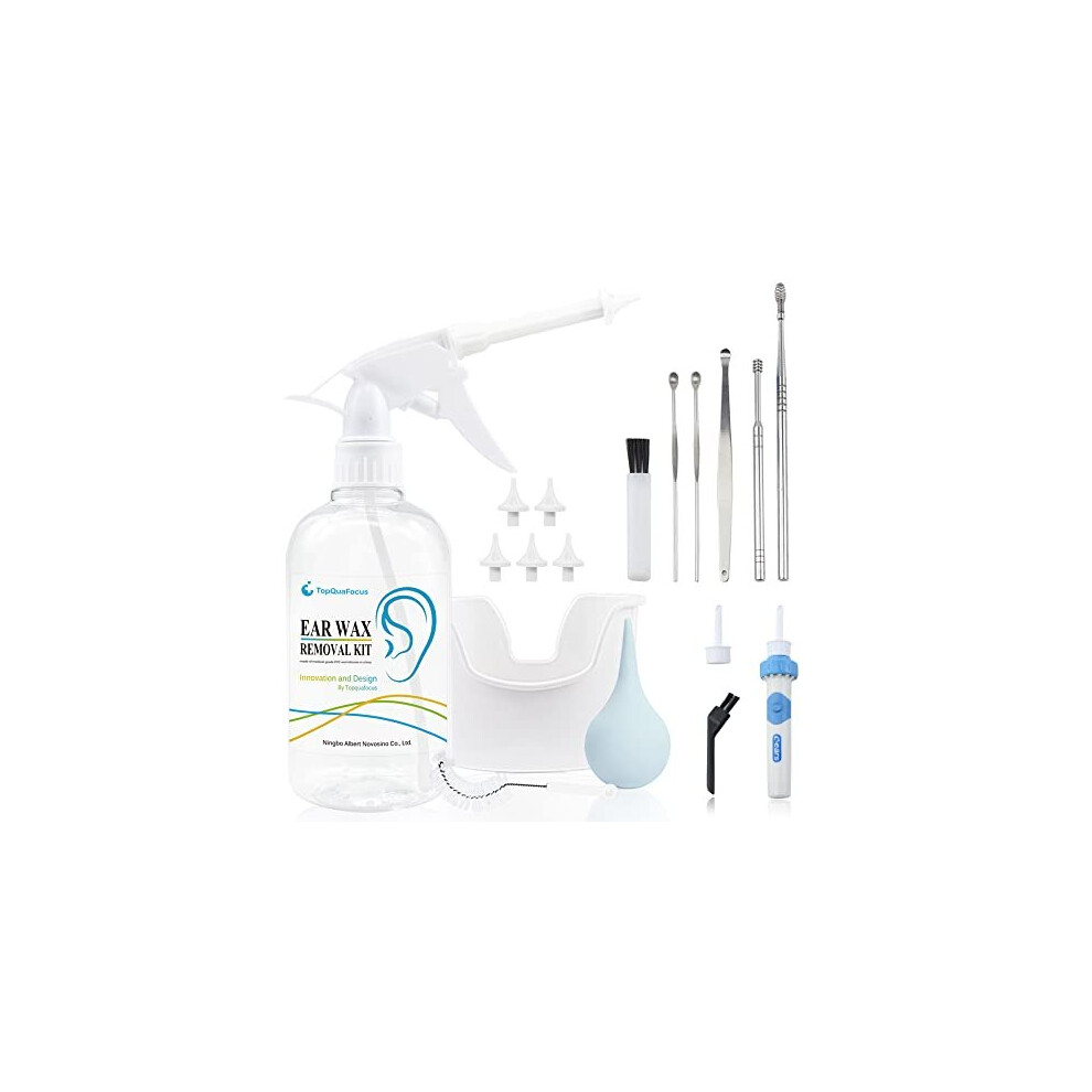 TopQuaFocus Earwax Removal Kit, Electric Earwax Cleaner Earwax Remover Irrigation Tool, 16.9oz Ear Washer Bottle 6pcs Ear Pick for Adults & Kids