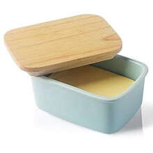 SWEEJAR Porcelain Butter Dish with Lid, Airtight Large Butter Keeper with Wooden Lid, Butter Container Perfect for 2 Sticks of Butter West or Eas