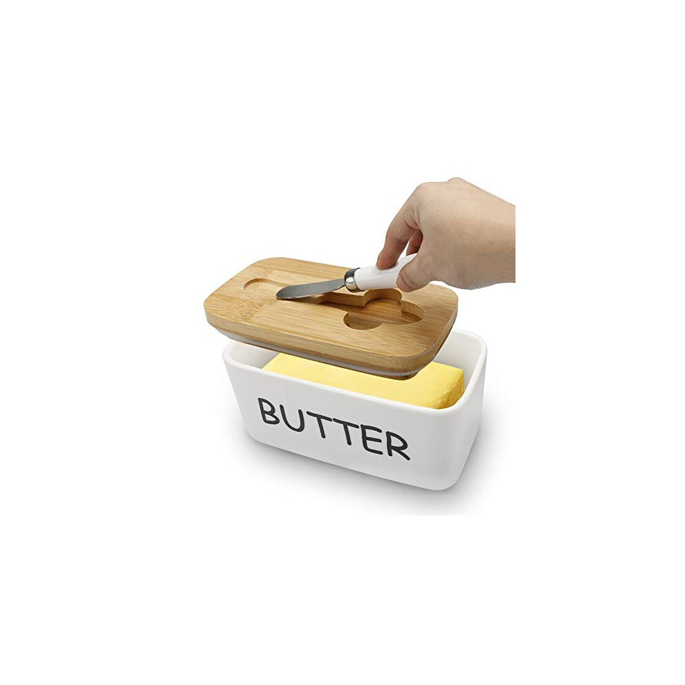 Butter Dish, Porcelain Butter Container with Air-tight Seal Lid and Stainless Steel Butter Knife, Covered Butter Dish Perfect to Holds Up 2 Stick