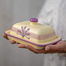 City to Cottage Lavender Pattern Purple and Cream Handmade Hand Painted Ceramic Covered Butter Dish with Lid