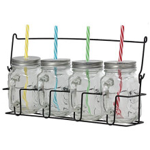 Set Of 4 Vintage Embossed Glass Mason Drinking Jars & Straw In Metal Carry Rack