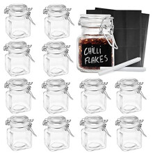 Oak & Steel - 12 Mini Clip Top Spice Jars Glass Canister Containers, 100 ml with Labels and Chalk Pen