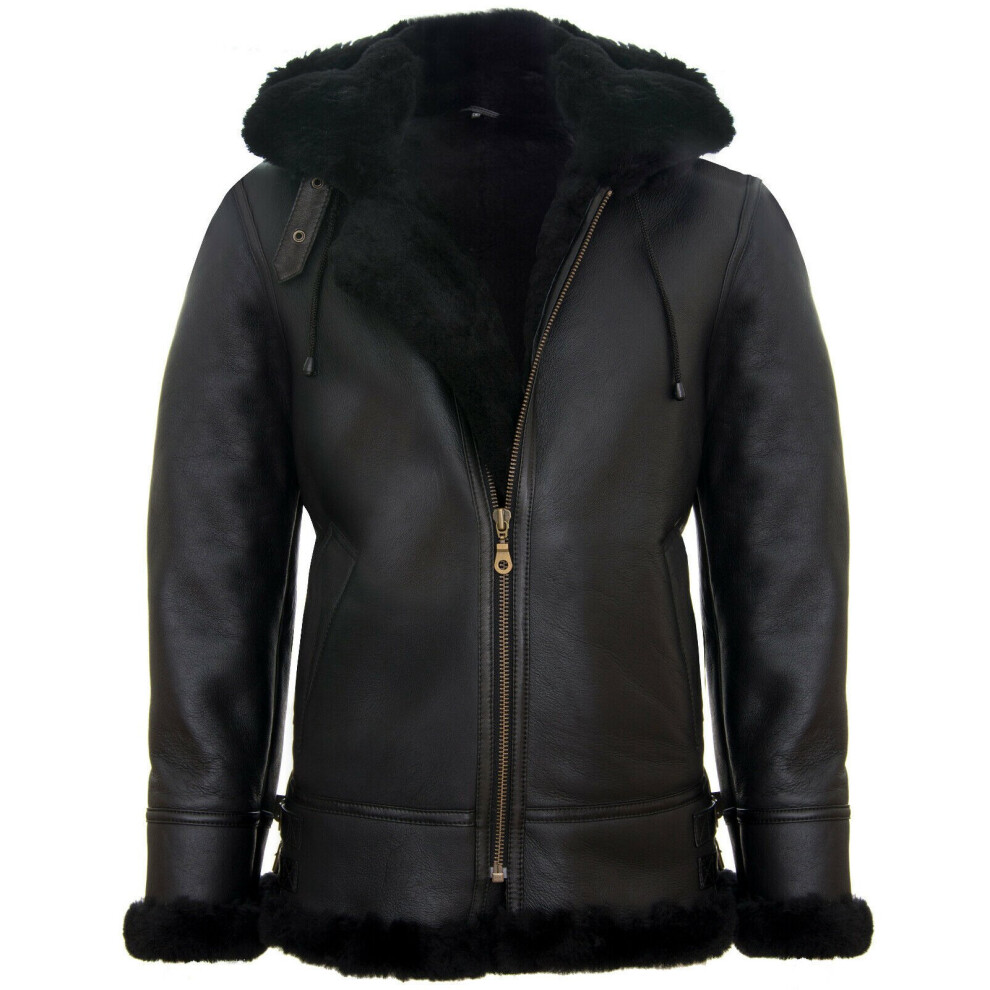 (S) Mens Sheepskin Flying HoodedBomber B3 Black Jacket