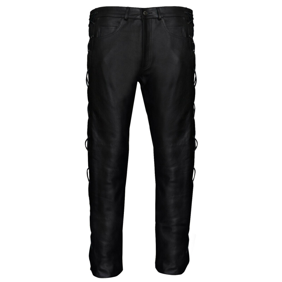 (40) Mens Leather Trousers Cowhide Biker Laces Black