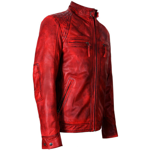 (M) Mens Red Zipped Leather Racing QuiltedBiker Jacket 1