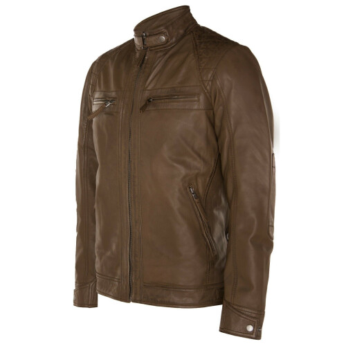 (3XL) Mens Brown Leather Racing Quilted Biker Jacket 1