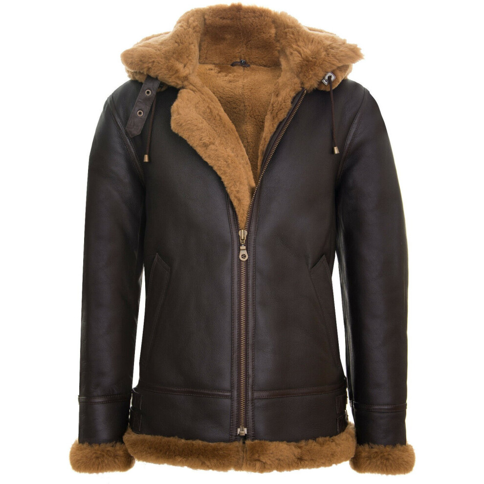 (S) Mens Sheepskin Flying Jacket Hooded Bomber B3 Brwn