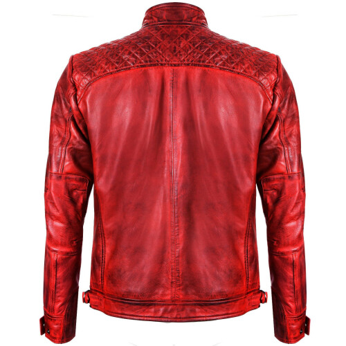 (M) Mens Red Zipped Leather Racing QuiltedBiker Jacket 2