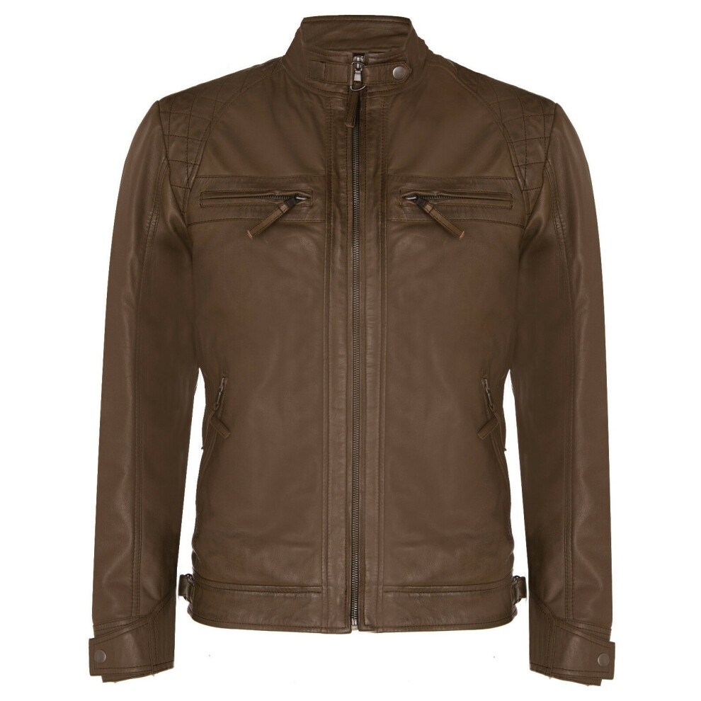 (L) Mens Leather Racing Quilted Biker Jacket Brown 5056486329796
