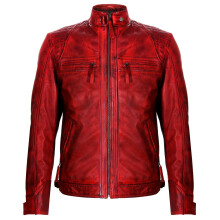 (S) Mens Red Zipped Leather Racing QuiltedBiker Jacket