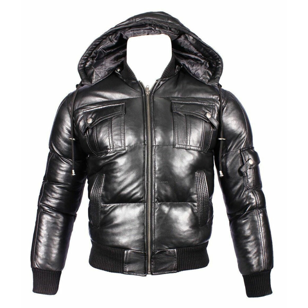 (XS) Mens Detachable Hood Leather Puffa Bomber Jacket