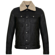 (M) Mens Leather Jacket Removable Sheepskin Collar