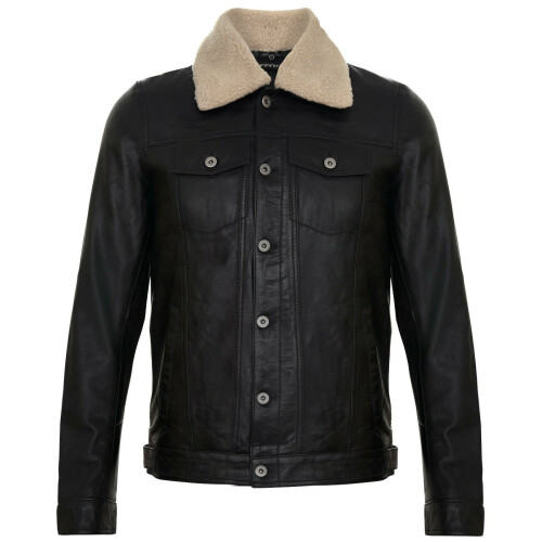 (M) Mens Leather Jacket Removable Sheepskin Collar