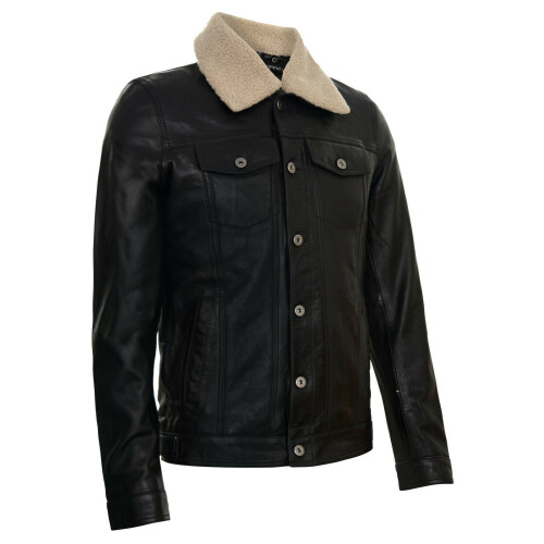 (M) Mens Leather Jacket Removable Sheepskin Collar 1