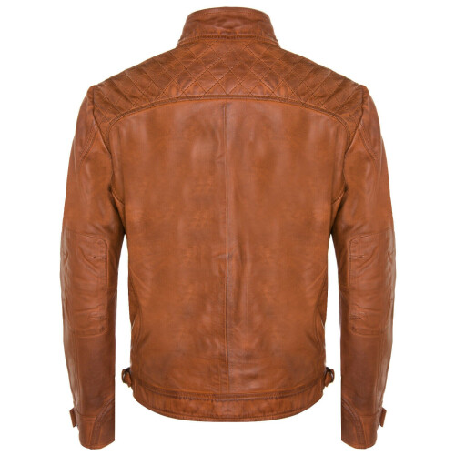 (5xl) Mens Tan Leather Retro Racing Quilted Biker Jacket 2