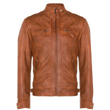 (2XL) Mens Tan Leather Retro Racing Quilted Biker Jacket