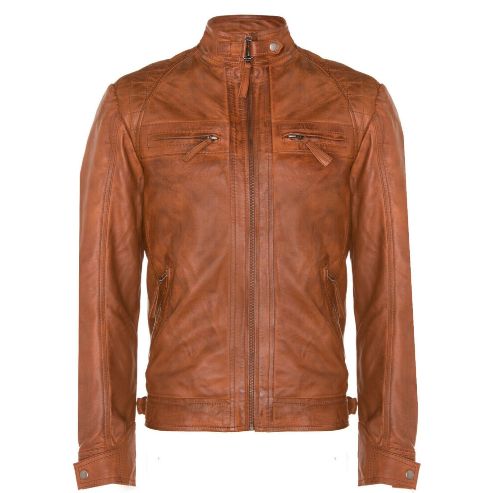 (2Xl) Mens Tan Leather Retro Racing Quilted Biker Jacket Brown 5056486329727