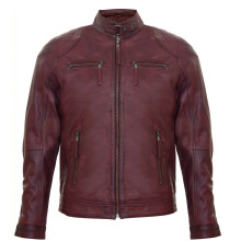 (XL) Mens Burgundy Leather Retro Zipped Racing Jacket