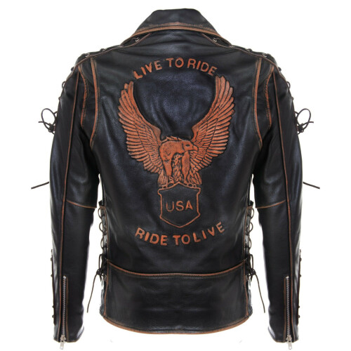(5XL) Mens LIVE TO RIDE Embossed EAGLE Leather Jacket 1