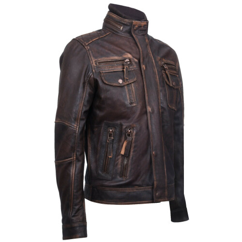 (5XL) Men's Brown Leather Biker Motorcycle Jacket 2