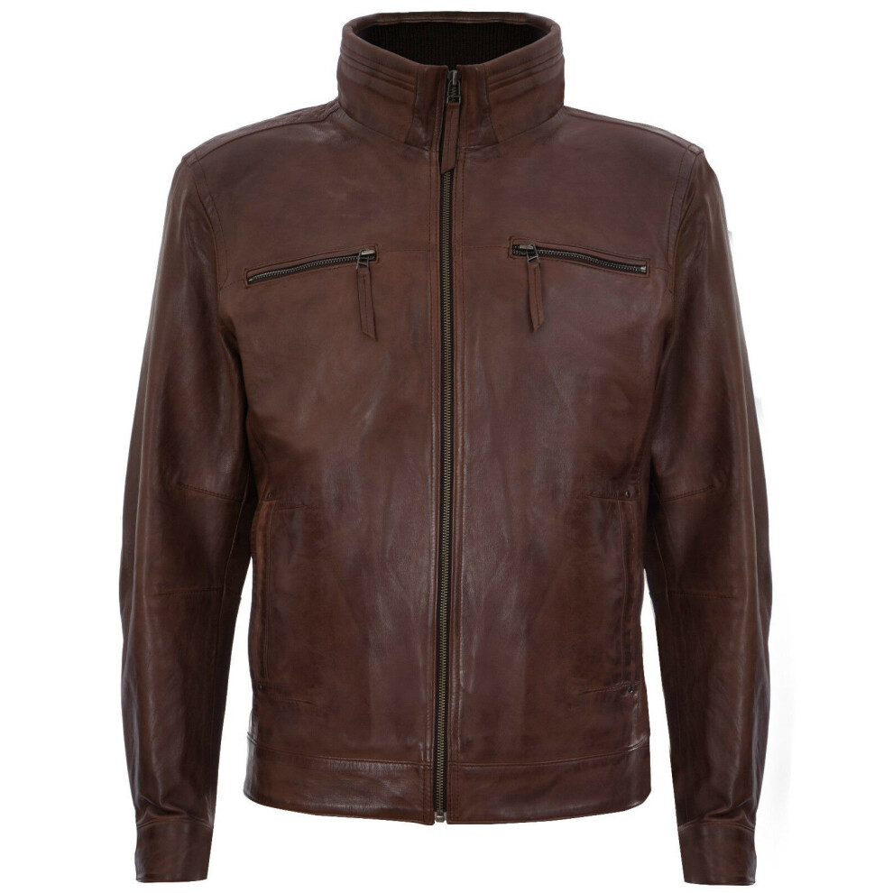 (5Xl) Mens Retro Zipped Leather Racing Biker Jacket Brown 5056486382197