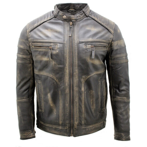 (2XL) Mens Black Rub Off Leather Racing Biker Jacket