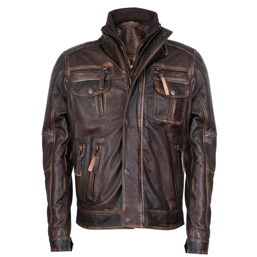 (XL) Men's Brown Leather Biker Motorcycle Jacket