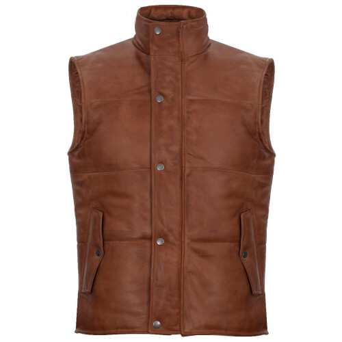 (S) Mens Leather Puffer Body Gilet Sleeveless  Jacket