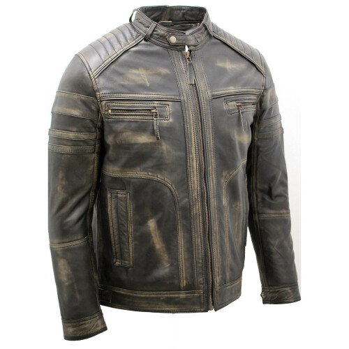 (2XL) Mens Black Rub Off Leather Racing Biker Jacket 1