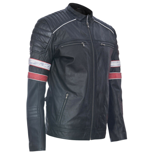 (XL) Mens Racing Leather Striped Retro Biker Jacket 1