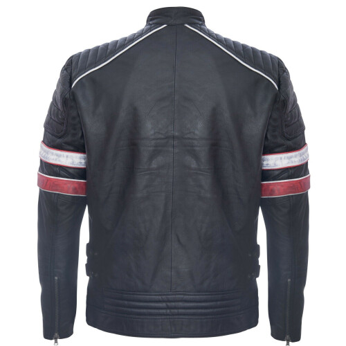 (4XL) Mens Racing Leather Striped Retro Biker Jacket 2