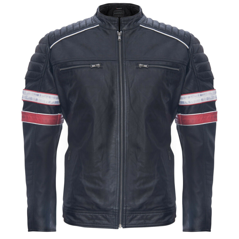 (5Xl) Mens Racing Leather Striped Retro Biker Jacket Black 5056486377186