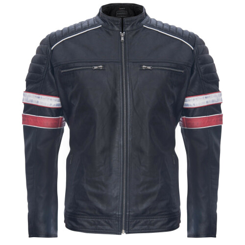 (S) Mens Racing Leather Striped Retro Biker Jacket