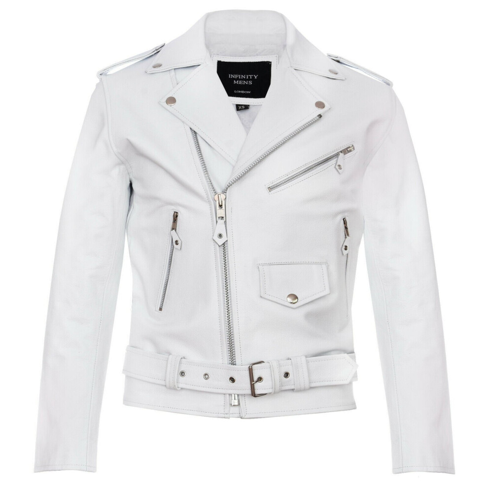 (4Xl) Mens Brando Motorcycle Hide Biker Jacket White 5056486381916