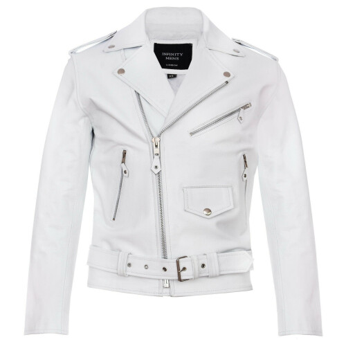 (S) Mens White Brando Motorcycle  Hide Biker Jacket