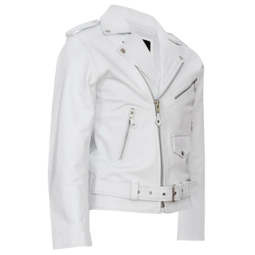 (M) Mens White Brando Motorcycle  Hide Biker Jacket 1