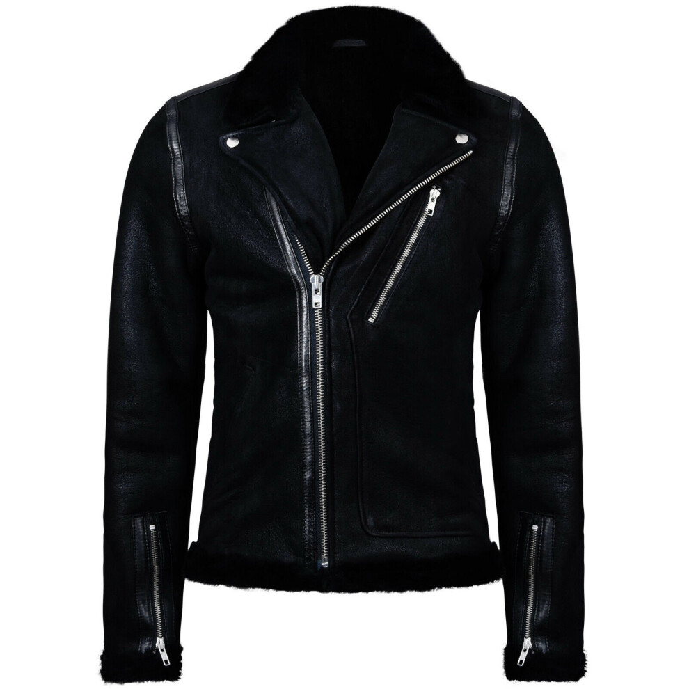 Infinity Leather Men's Black (Xs) Shearling Sheepskin Leather Biker Jacket