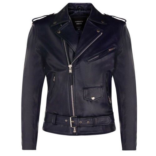 (4XL) Mens Brando Leather Navy Blue Leather Biker Jacket