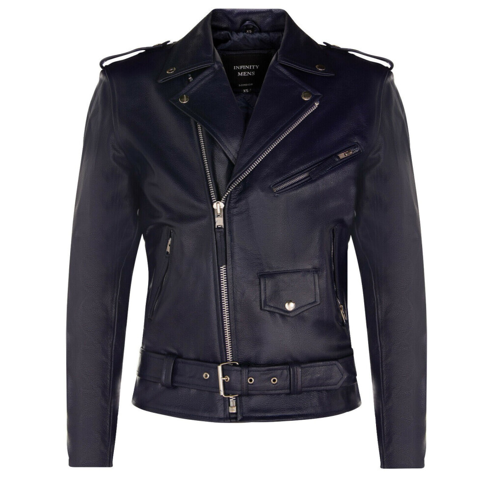 (4XL) Mens Brando Leather Navy Blue Leather Biker Jacket