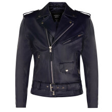 (L) Mens Brando Leather Navy Blue Leather Biker Jacket