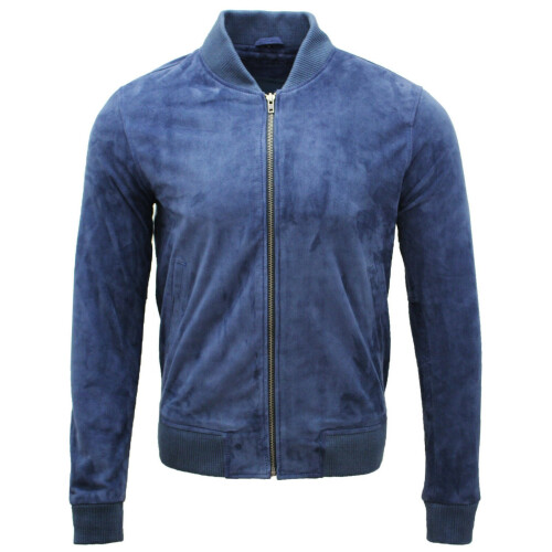 (M) Mens Ocean Blue Goat Suede Leather Bomber Jacket