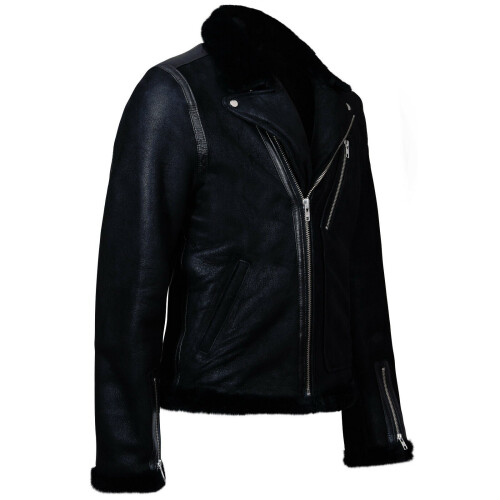 (3XL) Mens Shearling Sheepskin Leather Biker Jacket 1